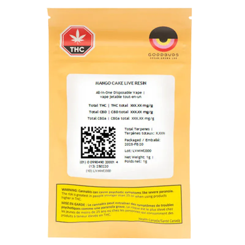 Rear view of the yellow pouch showing the label and QR code for Mango Cake Live Resin Vape Cartridge.