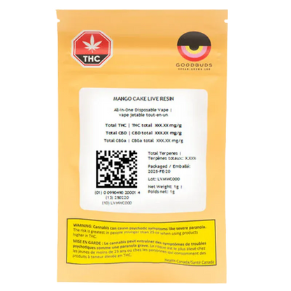 Rear view of the yellow pouch showing the label and QR code for Mango Cake Live Resin Vape Cartridge.
