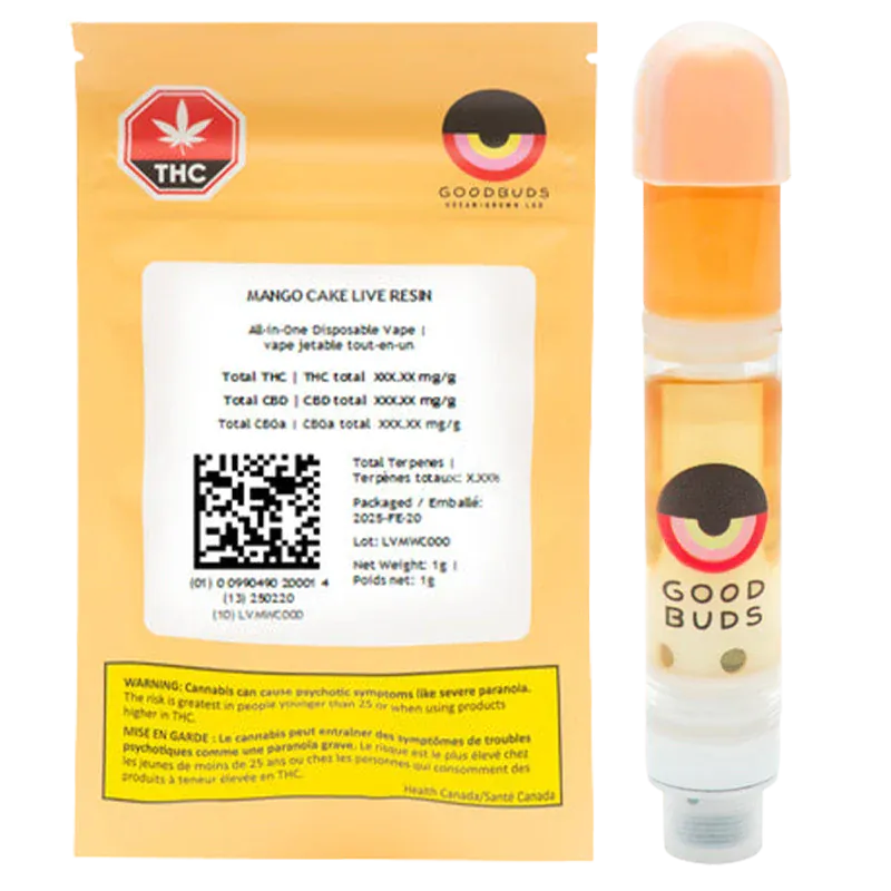 Front-facing image of a Mango Cake Live Resin Vape Cartridge and its yellow Good Buds branded pouch, the cartridge shown upright with orange oil visible.