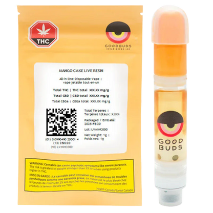 Front-facing image of a Mango Cake Live Resin Vape Cartridge and its yellow Good Buds branded pouch, the cartridge shown upright with orange oil visible.