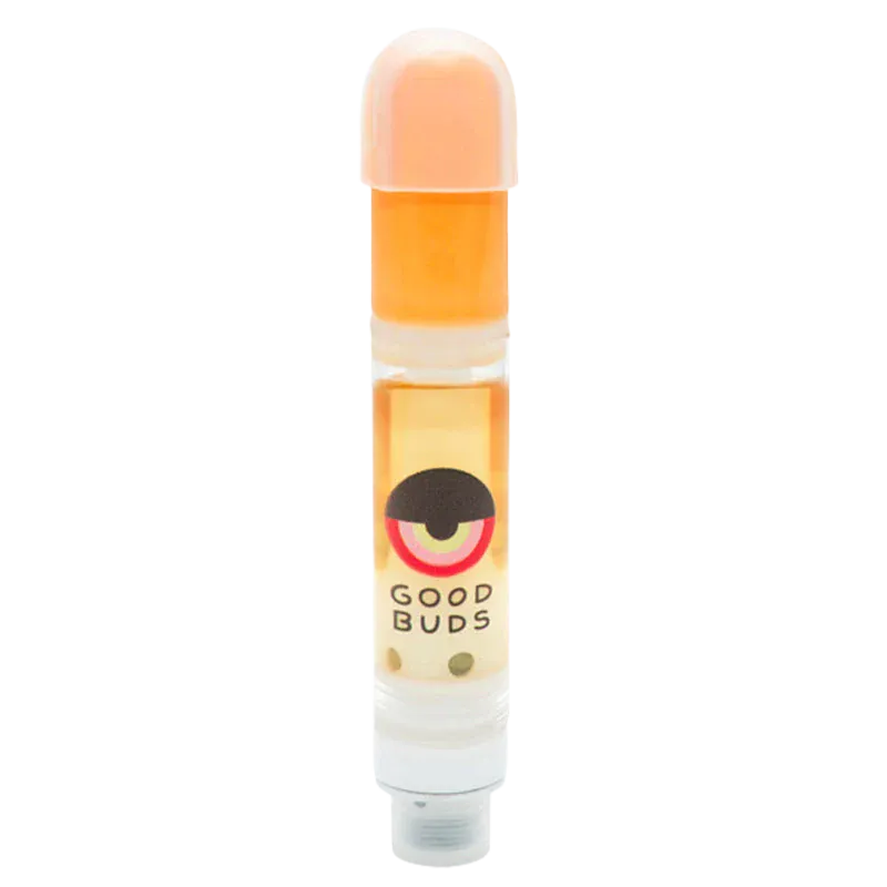 Straight-on view of a filled Mango Cake Live Resin Vape Cartridge from Good Buds, showing amber oil and the brand's circular logo on a white background