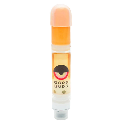 Straight-on view of a filled Mango Cake Live Resin Vape Cartridge from Good Buds, showing amber oil and the brand's circular logo on a white background