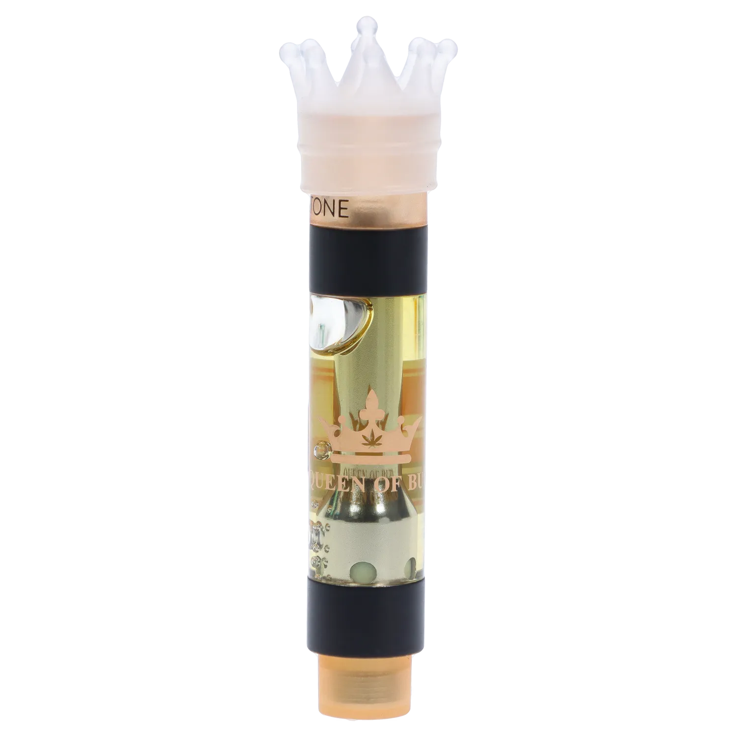 Vertical close-up of the Sunstone Liquid Crystals Vape Cartridge showing its translucent crown mouthpiece, gold chamber with visible oil and crown logo, and black accent ring.