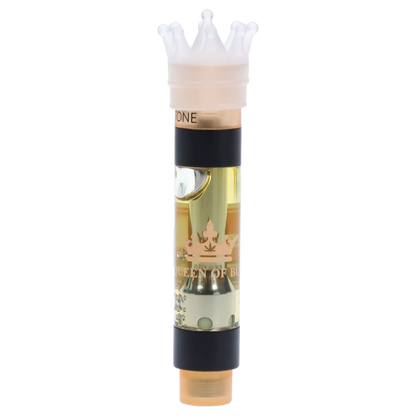 Vertical close-up of the Sunstone Liquid Crystals Vape Cartridge showing its translucent crown mouthpiece, gold chamber with visible oil and crown logo, and black accent ring.