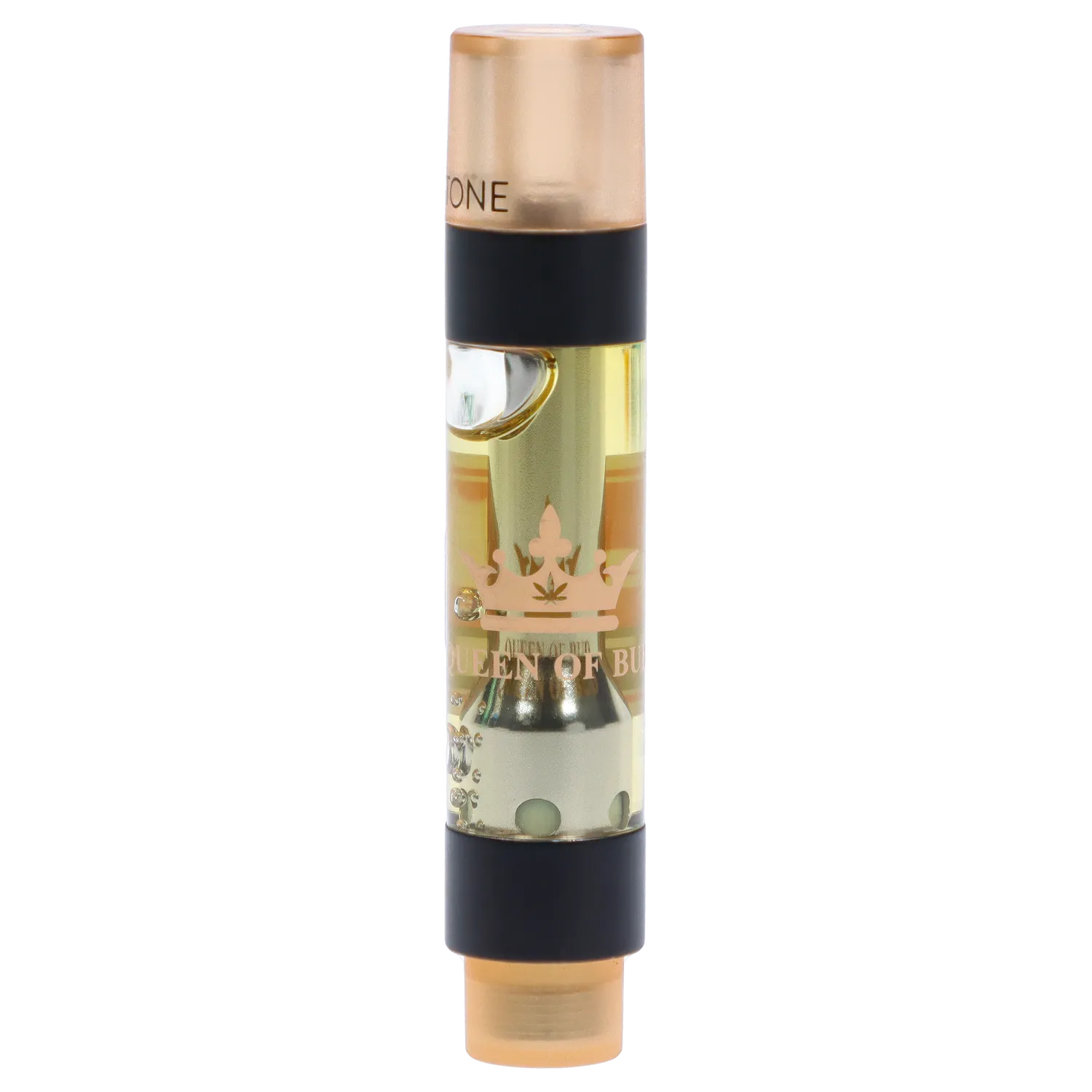 Close-up vertical shot of a partially filled Sunstone Liquid Crystals Vape Cartridge showing its gold mouthpiece, black band, and clear oil chamber with a crown logo.