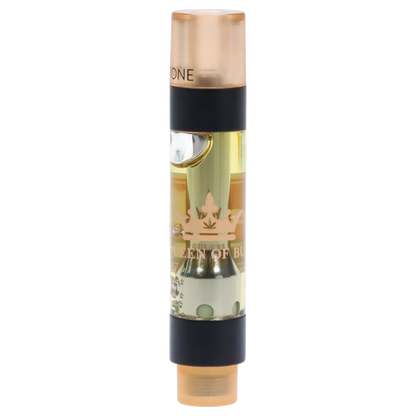 Close-up vertical shot of a partially filled Sunstone Liquid Crystals Vape Cartridge showing its gold mouthpiece, black band, and clear oil chamber with a crown logo.