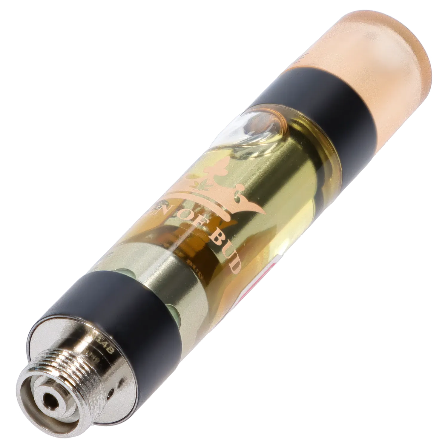 Angled close-up of a gold-tinted Sunstone Liquid Crystals Vape Cartridge showing the threaded metal base, clear oil chamber with a crown logo, and frosted mouthpiece.