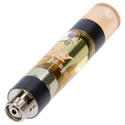 Angled close-up of a gold-tinted Sunstone Liquid Crystals Vape Cartridge showing the threaded metal base, clear oil chamber with a crown logo, and frosted mouthpiece.