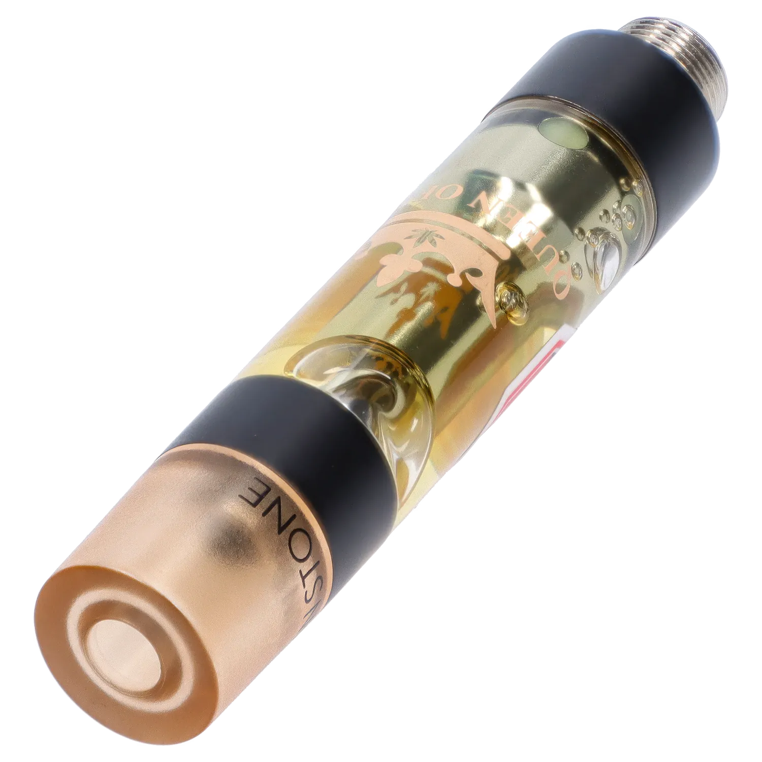 Angled close-up of the Sunstone Liquid Crystals Vape Cartridge showing its gold-toned chamber, visible oil bubbles, and matte black and rose-gold accents