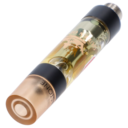 Angled close-up of the Sunstone Liquid Crystals Vape Cartridge showing its gold-toned chamber, visible oil bubbles, and matte black and rose-gold accents