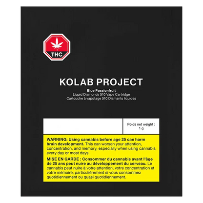 Front-facing black packaging shot showing the Kolab Project Blue Passionfruit Diamonds Vape Cartridge box with white logo and yellow warning panel.