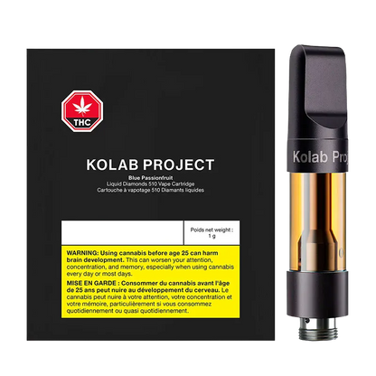 Right-side view of the Blue Passionfruit Diamonds Vape Cartridge by Kolab Project next to its black packaging showing a THC symbol and yellow warning panel.