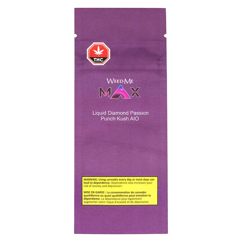 Centered front view of the purple WeedMe MAX Liquid Diamond Passion Punch Kush AIO pouch with THC symbol and yellow warning box.