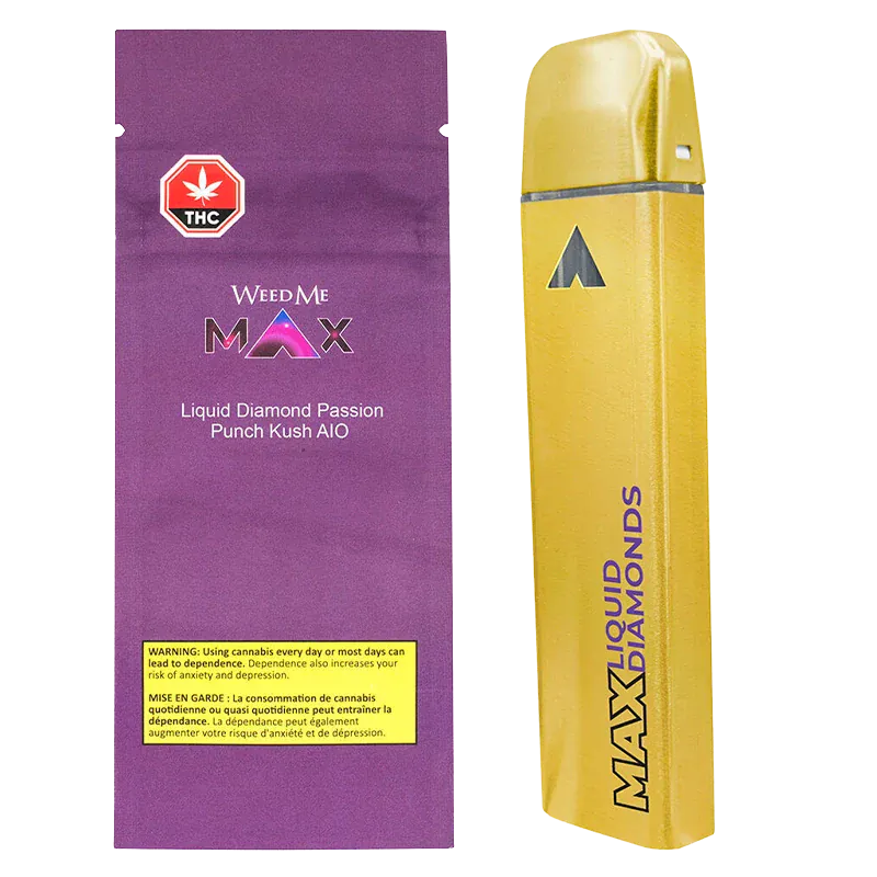 Right-side angled view of a gold Guava Passion Fruit Liquid Diamond Disposable Vape standing next to its purple Weed Me Max packaging.