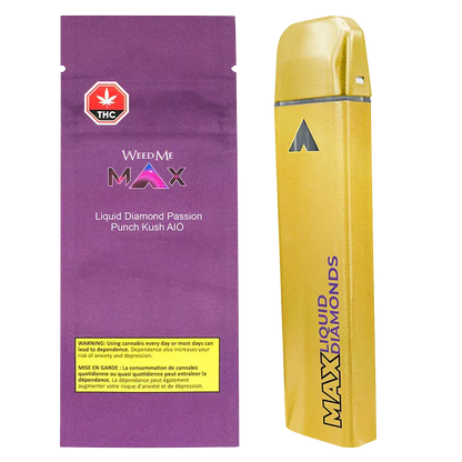 Right-side angled view of a gold Guava Passion Fruit Liquid Diamond Disposable Vape standing next to its purple Weed Me Max packaging.