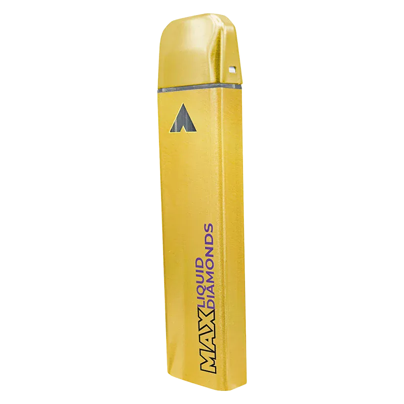 Angled front view of a glossy yellow Guava Passion Fruit Liquid Diamond Disposable Vape standing upright with "MAX Liquid Diamonds" branding visible.