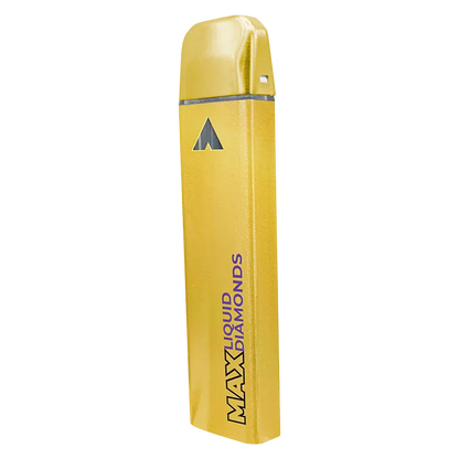 Angled front view of a glossy yellow Guava Passion Fruit Liquid Diamond Disposable Vape standing upright with "MAX Liquid Diamonds" branding visible.