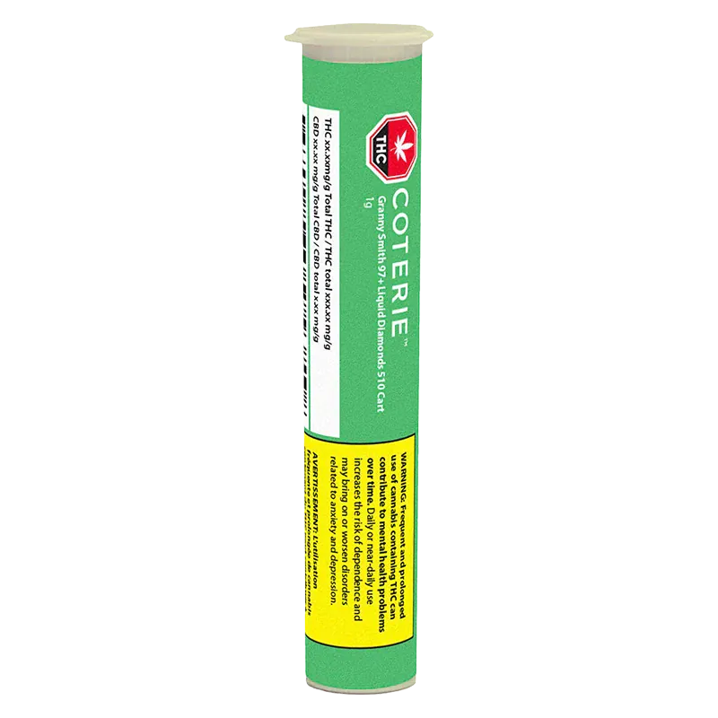 Tall vertical tube packaging of the Granny Smith Vape Cartridge shown front-on with green label, THC emblem, and a yellow warning panel.