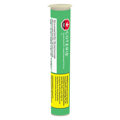 Tall vertical tube packaging of the Granny Smith Vape Cartridge shown front-on with green label, THC emblem, and a yellow warning panel.