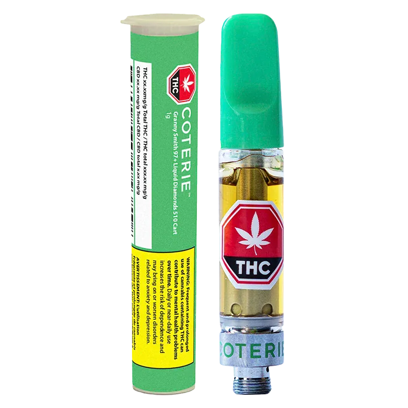 Close-up, front-on view of a Granny Smith Vape Cartridge showing a green mouthpiece and clear cartridge with golden oil and a red THC label beside matching green cylindrical packaging.