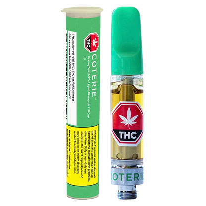 Close-up, front-on view of a Granny Smith Vape Cartridge showing a green mouthpiece and clear cartridge with golden oil and a red THC label beside matching green cylindrical packaging.