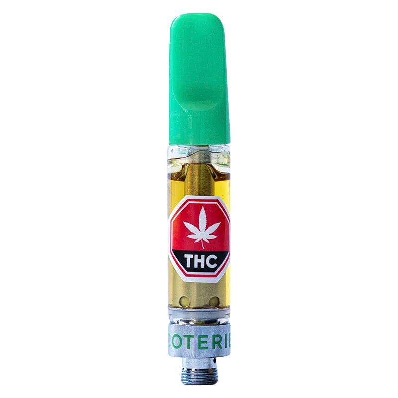 Straight-on view of a Granny Smith Vape Cartridge with a green mouthpiece and clear tank showing golden oil and a red THC label.
