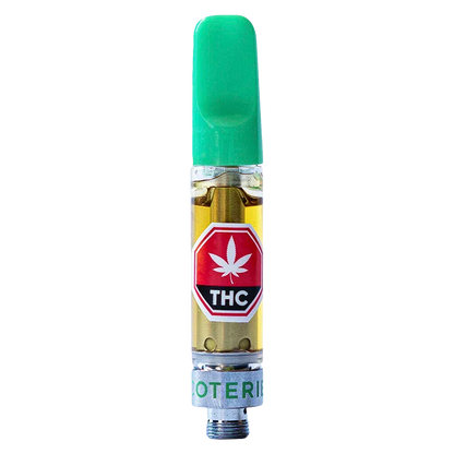 Straight-on view of a Granny Smith Vape Cartridge with a green mouthpiece and clear tank showing golden oil and a red THC label.