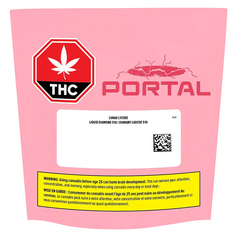 Front-facing shot of the pink packaging labeled Lunar Lychee Liquid Diamond Vape Cartridge with a red THC stop sign and Portal logo.