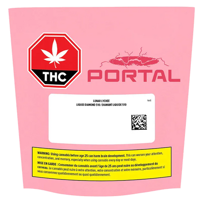 Front-facing shot of the pink packaging labeled Lunar Lychee Liquid Diamond Vape Cartridge with a red THC stop sign and Portal logo.