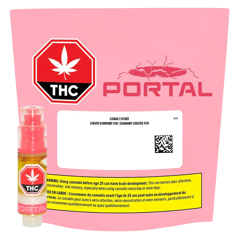 Front-facing pink packaging and a small clear cartridge displayed at lower left, showing the Lunar Lychee Liquid Diamond Vape Cartridge branding and THC warning label.
