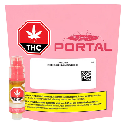 Front-facing pink packaging and a small clear cartridge displayed at lower left, showing the Lunar Lychee Liquid Diamond Vape Cartridge branding and THC warning label.