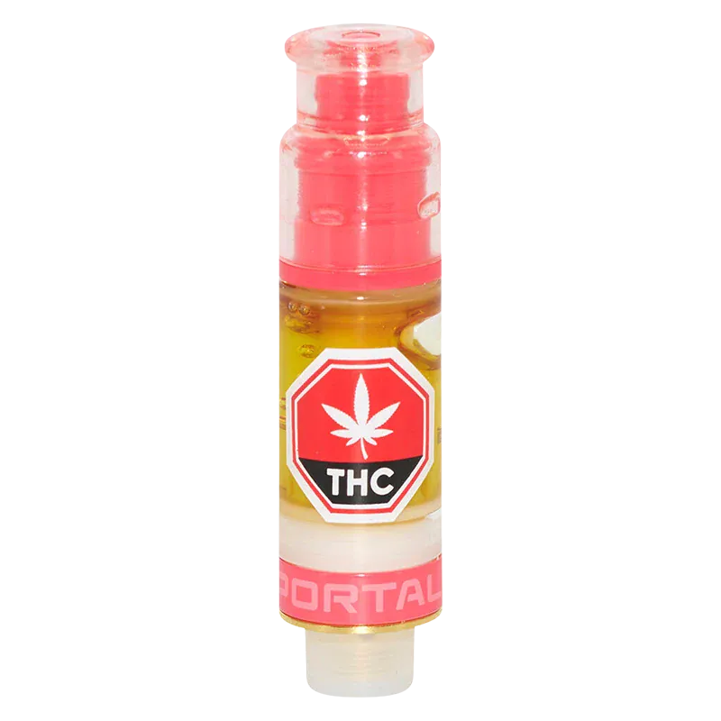 Straight-on view of a small Lunar Lychee Liquid Diamond Vape Cartridge standing upright with pink accents, clear oil chamber, and THC warning label.