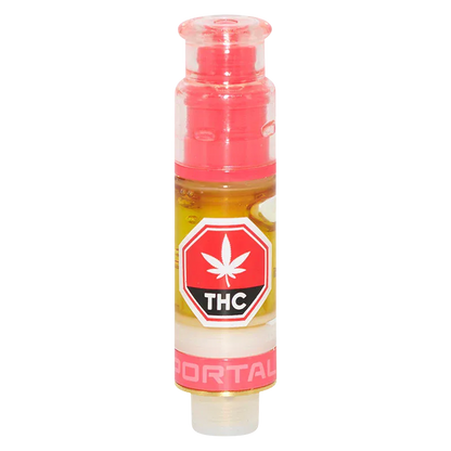 Straight-on view of a small Lunar Lychee Liquid Diamond Vape Cartridge standing upright with pink accents, clear oil chamber, and THC warning label.