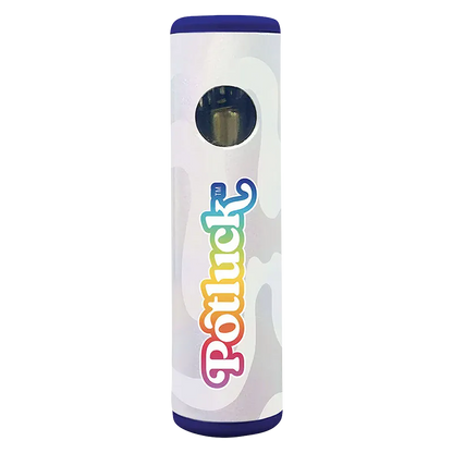 Front view of a white POPZ Blueberry Vanilla Disposable Vape with a rainbow "Popluck" logo and blue caps, photographed on a white background.