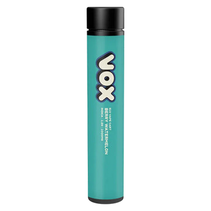 Vertical studio shot of a teal VOX Berry Watermelon Vape Cartridge with a black cap against a pale gradient background