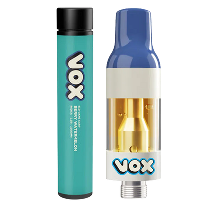 Close-up front view of the Berry Watermelon Vape Cartridge by VOX showing a teal cylindrical battery and a clear cartridge with gold internals and a blue mouthpiece.