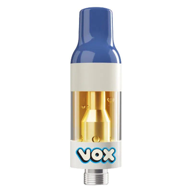 Centered front view of the Berry Watermelon Vape Cartridge by VOX, showing its blue mouthpiece, clear cartridge chamber with gold interior, and white base logo