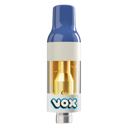 Centered front view of the Berry Watermelon Vape Cartridge by VOX, showing its blue mouthpiece, clear cartridge chamber with gold interior, and white base logo