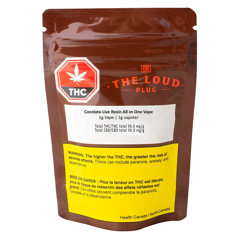 Front view of a brown pouch labeled "Cocolato Live Resin Disposable Vape" with a red THC stop-sign logo and a prominent yellow health warning.