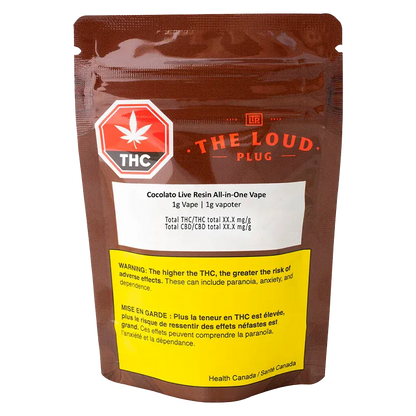 Front view of a brown pouch labeled "Cocolato Live Resin Disposable Vape" with a red THC stop-sign logo and a prominent yellow health warning.