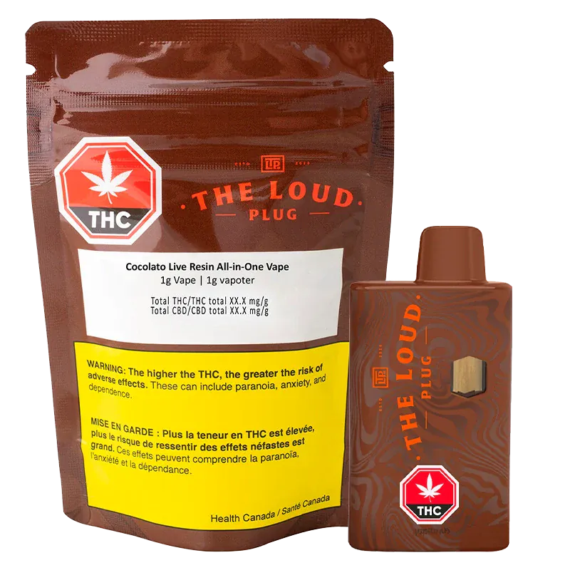 Front-facing shot of a brown Cocolato Live Resin Disposable Vape and its matching pouch, both shown upright on a white background.