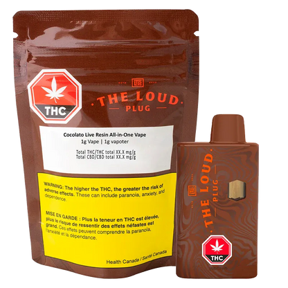 Front-facing shot of a brown Cocolato Live Resin Disposable Vape and its matching pouch, both shown upright on a white background.