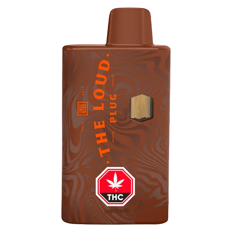 Front-facing shot of a brown, wood-grain Cocolato Live Resin Disposable Vape with orange "THE LOUD PLUG" text and a red THC symbol.