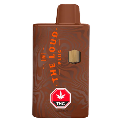 Front-facing shot of a brown, wood-grain Cocolato Live Resin Disposable Vape with orange "THE LOUD PLUG" text and a red THC symbol.