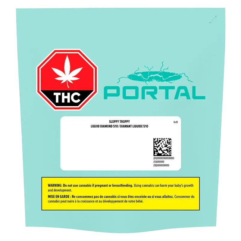 Square front-facing shot of the Portal Sloppy Troppy Liquid Diamond Vape Cartridge pouch on a teal background with a red THC stop sign and yellow warning box.