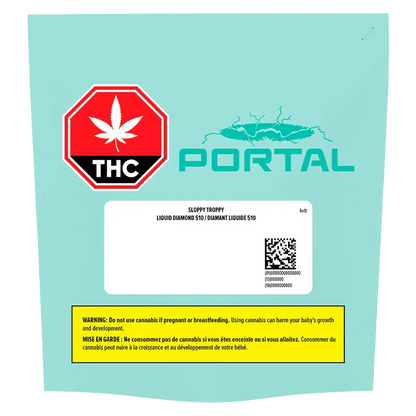 Square front-facing shot of the Portal Sloppy Troppy Liquid Diamond Vape Cartridge pouch on a teal background with a red THC stop sign and yellow warning box.