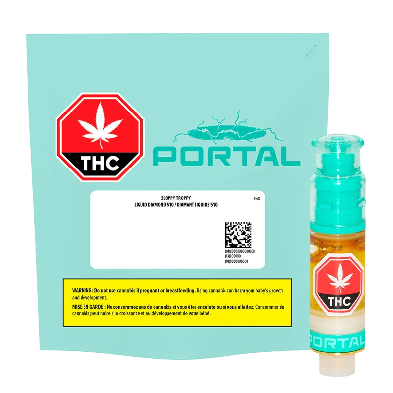 Pack-front view of the Sloppy Troppy Liquid Diamond Vape Cartridge against a teal Portal-branded box, with the cartridge standing upright to the right.