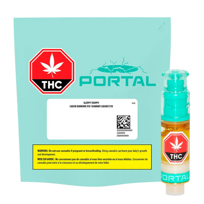 Pack-front view of the Sloppy Troppy Liquid Diamond Vape Cartridge against a teal Portal-branded box, with the cartridge standing upright to the right.