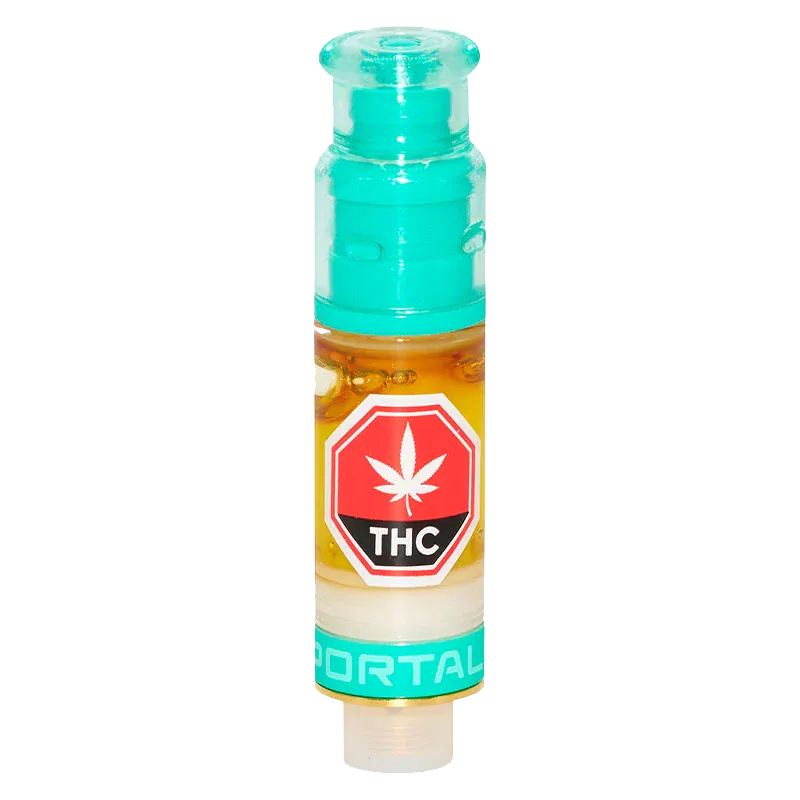 Close-up front view of the Sloppy Troppy Liquid Diamond Vape Cartridge showing amber oil, teal mouthpiece, and a red THC label.