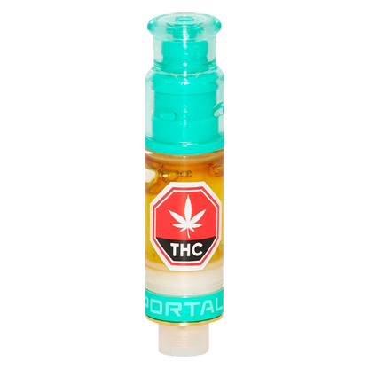 Close-up front view of the Sloppy Troppy Liquid Diamond Vape Cartridge showing amber oil, teal mouthpiece, and a red THC label.